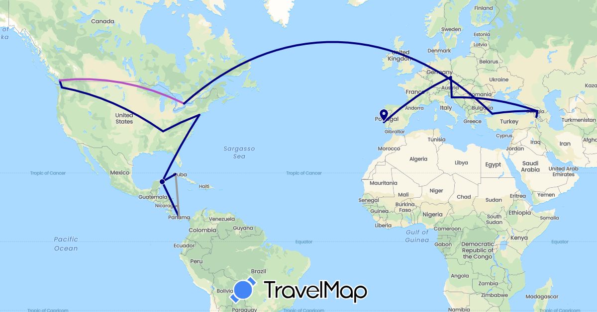 TravelMap itinerary: driving, plane, train in Armenia, Canada, Cuba, Czech Republic, Georgia, Croatia, Mexico, Panama, Portugal, Turkey, United States (Asia, Europe, North America)